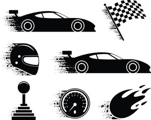 Distressed Vector Icon Set for Motorsports and Racing Featuring Dynamic Sports Cars, Checkered Flag, Helmet, Speedometer, Shifter, and Speed Effects.