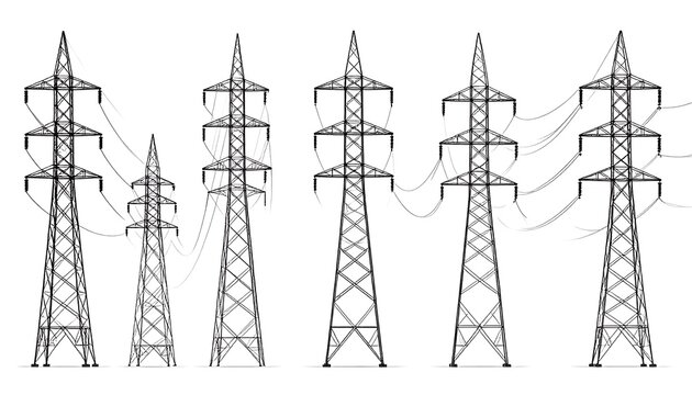 A collection of silhouetted electricity pylons of varying heights and designs, set against a pristine white backdrop