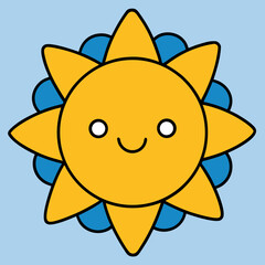 Cute cartoon sun with blue petals on a light blue background