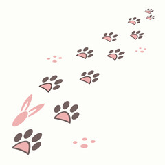 Cute paw prints and bunny tracks on a white background