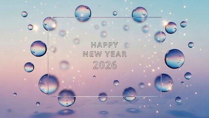 Luminous Frosted Glass Panel with Happy New Year 2026 Text and Pastel Sphere Background
