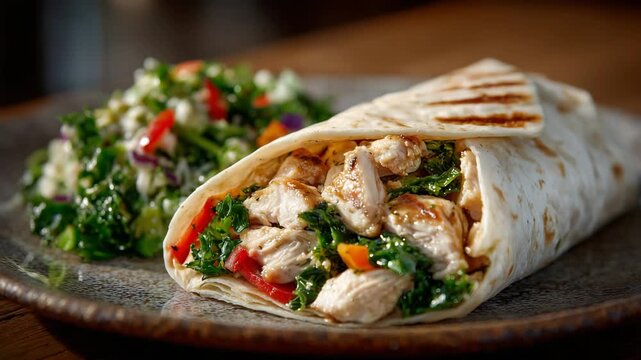 274Delicious wrap on a rustic plate, chicken and vegetables spilling out slightly, colorful peppers and greens illuminated by soft warm light