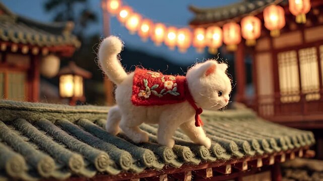 White cat on rooftop ornament with red decorative vest under lanterns