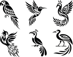 Obraz premium Elegant Vector Tribal and Tattoo Icon Set Featuring Diverse Exotic Birds Including Macaw, Hummingbird, Peacock, and Stylized Tropical Wildlife Graphics.