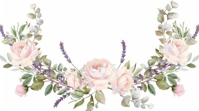 Watercolor Floral Arrangement with Roses and Lavender Elements