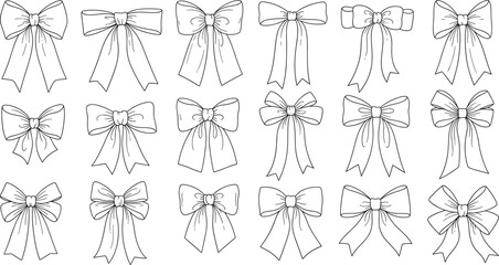 Large Collection of Hand-Drawn Outline Gift Bows and Ribbons Vector Set for Decoration, Presents, Holiday Season, Christmas, Wrapping, Birthday, and Ornament Design Elements.