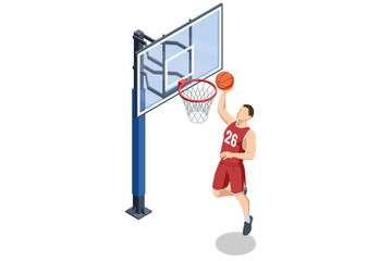 Fototapeta premium Isometric illustration of a basketball player in a red uniform jumping toward the hoop for a dunk, with a detailed backboard and court element. Dynamic sports action scene Basketball court