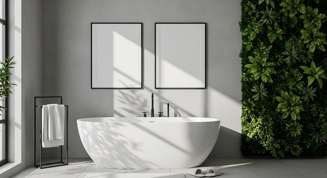 Modern bathroom interior with bathtub, plant wall and two blank picture frames