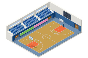 Naklejka premium Isometric illustration of an indoor basketball arena with full stands, two hoops, and a detailed court layout. Modern sports hall design with seating, scoreboard, and vibrant court zones.
