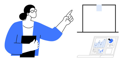 Person pointing at a chart, holding a document, alongside a laptop showing graphs and analytics. Ideal for business, analysis, education, presentation, data visualization strategy teamwork. Simple