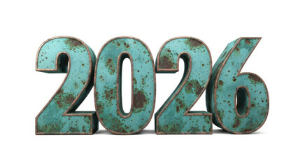 Rusty metal numbers 2026 in turquoise color on white background