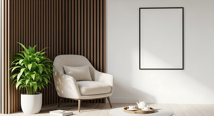 Bright and airy living room with armchair, plant and blank frame mockup