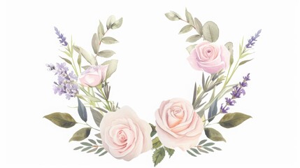 Delicate Watercolor Floral Wreath with Soft Pink Roses and Lavender Accent