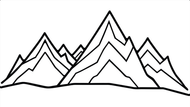 Minimalist outline drawing of mountain range peaks. simple black line art illustration on white background.