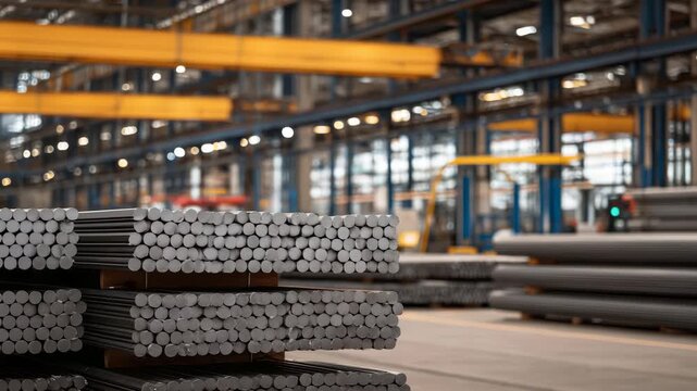 287Perspective view down rows of bundled aluminum rods, organized neatly on factory floor, ambient industrial lighting highlighting sheen and order