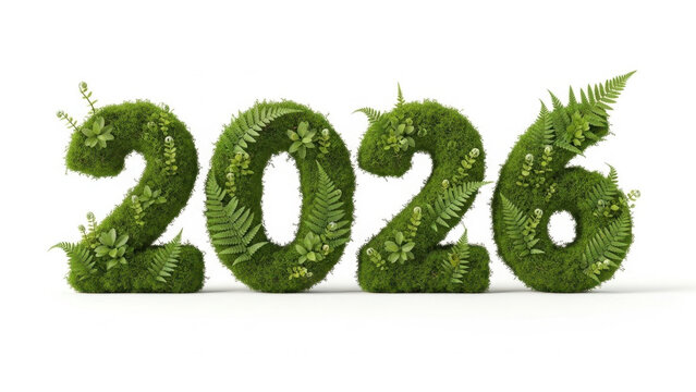 Green numbers 2026 decorated with ferns and leaves for nature theme