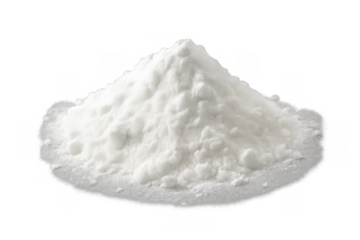 White powder forming a small heap on a transparent background, depicting a pile of baking soda or flour for food preparation