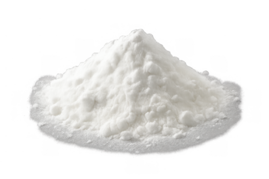 White powder forming a small heap on a transparent background, depicting a pile of baking soda or flour for food preparation