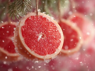 Frosted Grapefruit Slices Hanging as Ornaments Amidst Falling Snow and Blurred Festive Background