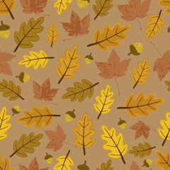 Warm fall leaves and acorns scattered across a beige background in a continuous layout. Ideal for textile prints, gift wrap, nursery decor, packaging and creative seasonal projects.