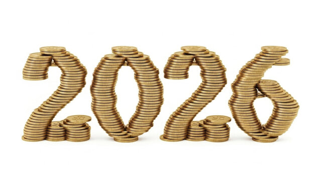 Stacked coins forming the year 2026 in a financial setting  