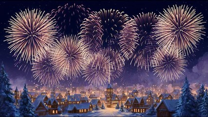 Snowy village winter night festive fireworks holiday celebration starry sky and bright skyline, cozy houses and cottages with warm lights and glowing windows, pine trees, joyful mood, radiant bursts - Powered by Adobe