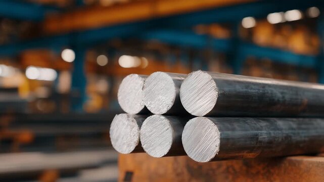 304Perspective close-up of bundled aluminum rods, metallic ends and surfaces catching soft light, warehouse interior and storage equipment in subtle background