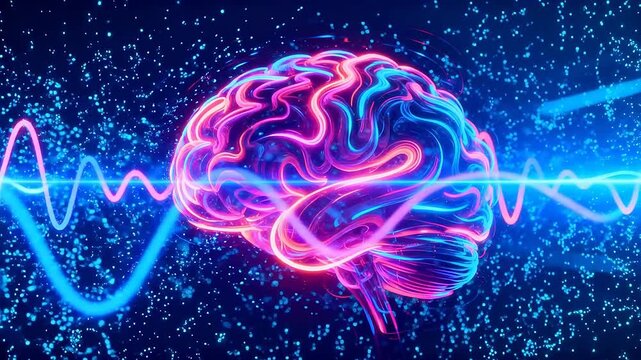 Neon brain with wave patterns