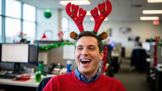 A candid shot of a cheerful businessman in festive reindeer antlers laughing during a Christmas party in a modern office space