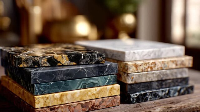 307Close-up of stacked stone and ceramic countertop samples, vibrant colors and varied textures visible, soft overhead light highlighting polished surfaces