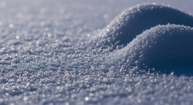 Close-up of granular snowdrift with bright sunlight reflecting on its surface, creating a textured, sparkling visual, representative of winter or cold season