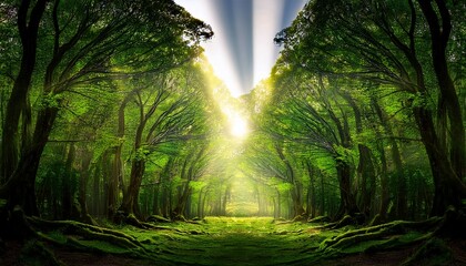 Obraz premium A Forest With Green Trees And Light Coming From The Trees