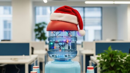 Festive office water cooler adorned with a Santa hat and sparkling Christmas lights, bringing holiday cheer to the workplace environment