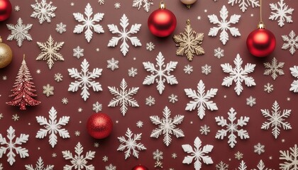 Festive christmas decorations holiday theme visual content indoor setting overhead view winter wonderland with snowflakes and ornaments