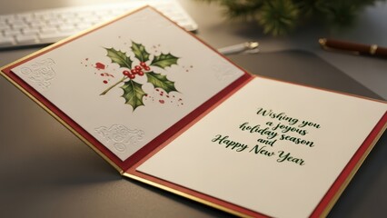 Festive Greeting Holly Adorns a Holiday Card for a Joyous Season and a Happy New Year in an Office Setting