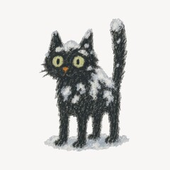 Snow-covered black cat illustration.