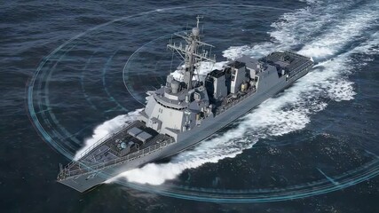 Advanced naval destroyer cutting through open ocean waters with active radar waves and detailed maritime technology in dynamic motion