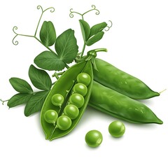 Fresh Green Peas with Pods and Leaves on White Background Still Life