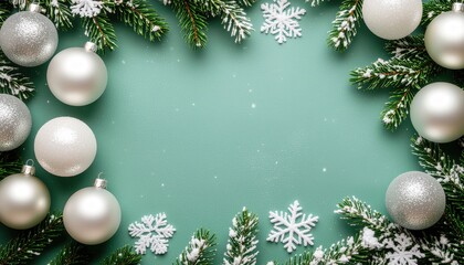 Festive christmas ornaments and snowflakes on green background holiday decoration flat lay cheerful atmosphere celebratory concept