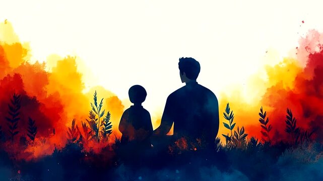 Father and son silhouette enjoying a colorful sunset in nature