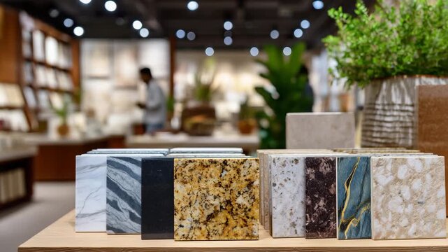 310Neatly stacked countertop samples in a showroom, natural and engineered stone varieties, soft light reflecting off polished surfaces, close-up detail emphasized