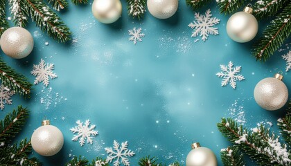 Festive christmas decoration with ornaments and snowflakes blue background holiday-themed image cozy atmosphere aesthetic viewpoint winter celebration concept
