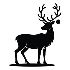 Elegant black silhouette of a standing deer with decorative antlers isolated on white background, perfect for Christmas, winter holiday, wildlife, and festive themed vector designs