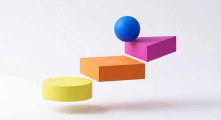 Blue sphere ascending colorful geometric stairs. Concept of career growth, business scaling, next level, progress, and achieving goals in a modern abstract style.