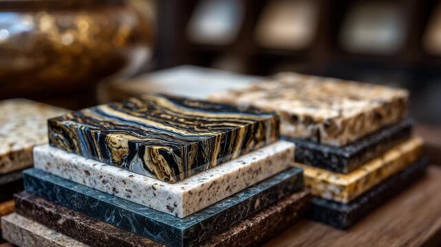 316Macro perspective of layered countertop material samples, textures ranging from smooth ceramic to rough natural stone, edges and color patterns in sharp focus