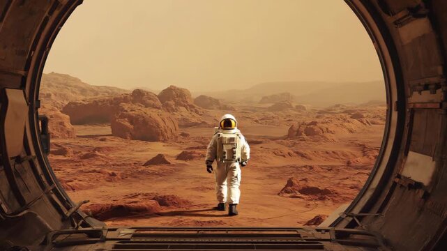 Sequence of an astronaut walking on the surface of mars viewed from inside a spacecraft. A futuristic concept of space exploration, colonization and human discovery on the red planet