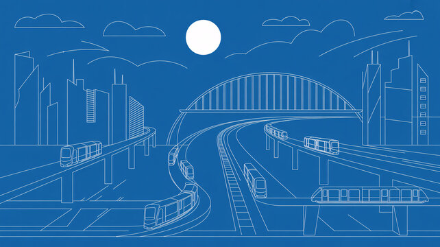 Modern city blueprint with efficient public transportation system and elevated rail lines, envisioning sustainable urban planning for future development projects