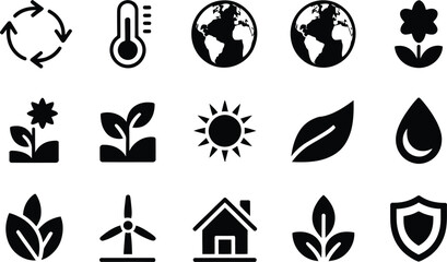Collection of black environmental and ecological icons representing sustainability renewable energy conservation and green initiatives for a healthy planet and future