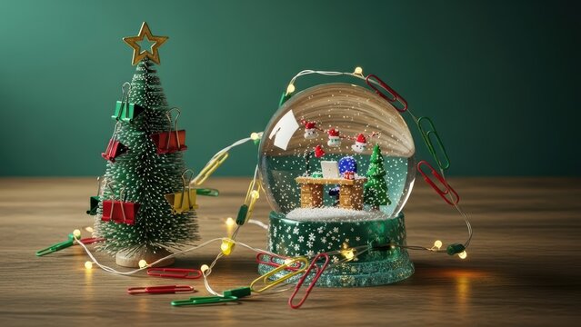 Christmas office decorations A festive desktop scene with a sparkling snow globe, mini tree, and whimsical holiday-themed stationery creating a cheerful workspace
