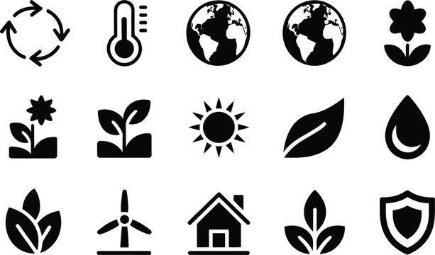 Collection of black environmental and ecological icons representing sustainability renewable energy conservation and green initiatives for a healthy planet and future